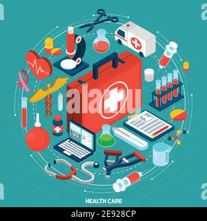 Gestione sanitaria per organizzazioni mediche internazionali modello di concetto isometrico round pittogrammi composizione icona poster astratto vettore illustratore Illustrazione Vettoriale