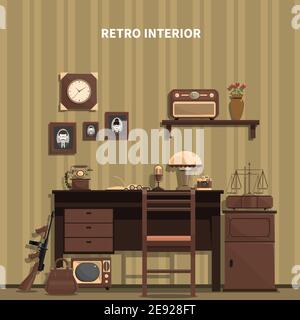 Interno retrò con un microfono un tavolo una radio e. foto immagine vettoriale piatta Illustrazione Vettoriale