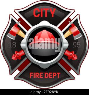 City Fire Department organizzazione realistic logo emblema design con croce illustrazione vettoriale rossa nera degli assi e delle pompe Illustrazione Vettoriale