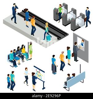 Stazione metropolitana icone isometriche poster di composizione con i passeggeri che entrano piattaforma attraverso la barriera biglietto astratto vettore illustratio Illustrazione Vettoriale