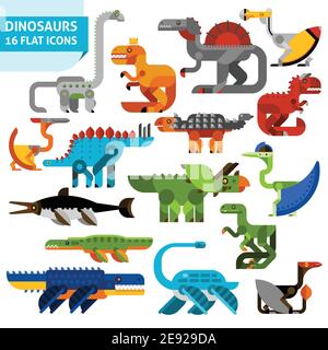 Carino cartoon piatto dinosauro animali icone impostare vettore isolato illustrazione Illustrazione Vettoriale