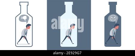 Infelice triste personaggio dell'uomo alcolico in bottiglia di bevanda. Alcolismo dipendenza problema dipendenza cattiva abitudine. Illustrazione di un cartone piatto vettoriale Illustrazione Vettoriale