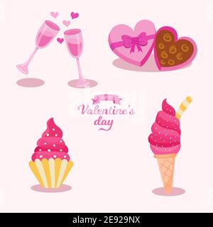 Illustrazione vettoriale della carta di San Valentino. Collezione di elementi di San Valentino con regalo, bicchiere di vino, gelato e torta Illustrazione Vettoriale