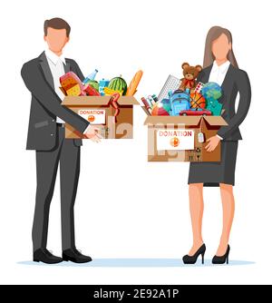 Volontari con scatola di cartone per la donazione di cibo, giocattoli, libri, vestiti e dispositivi. Aiuto per i bambini, sostegno per i bambini poveri. Donare il contenitore. Volontariato sociale, carità. Illustrazione vettoriale piatta Illustrazione Vettoriale