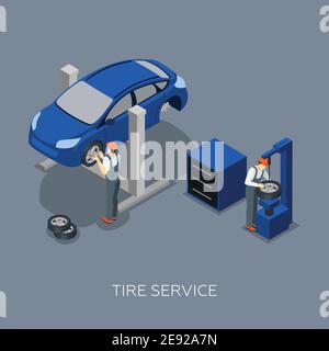 Pneumatici piani fissaggio bilanciamento controllo e riparazione auto garage servizio illustrazione vettoriale astratta del banner isometrico del team di meccanici Illustrazione Vettoriale