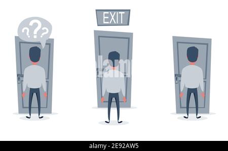 Uomo d'affari in piedi davanti alla porta. Scegliere la strada per andare avanti Illustrazione Vettoriale