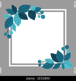 Modello di elementi di foglie e bacche di tendenza blu. Illustrazioni vettoriali disegnate a mano per poster, cartoncino o sfondo Illustrazione Vettoriale