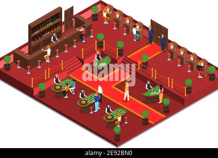 Interno isometrico del casinò con slot bar della sala giochi e gioco illustrazione vettoriale persone Illustrazione Vettoriale