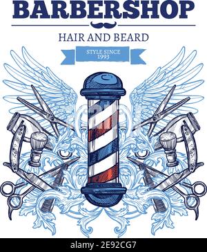 Barbiere negozio di capelli barba rifilatura tradizionale e alla moda per uomo poster pubblicità piatto astratto illustrazione vettoriale Illustrazione Vettoriale