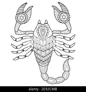 Coloringbook per adulti. Silhouette di scorpione isolata su sfondo bianco. Segno zodiacale scorpione. Illustrazione Vettoriale