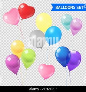 Palloncini d'aria in diverse forme e colori realistici impostato su immagine vettoriale isolata con sfondo trasparente Illustrazione Vettoriale