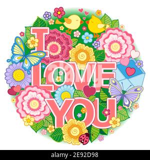 Fondo rotondo Abstract fatto di fiori, tazze, farfalle e uccelli. Design ornamentale per le carte e le nozze di San Valentino. Illustrazione Vettoriale