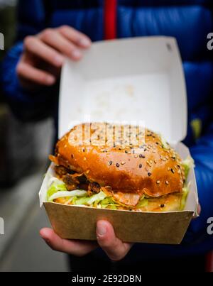 Profondità di campo poco profonda (fuoco selettivo) con le mani di un giovane uomo che tiene un hamburger in scatola. Foto Stock