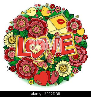 Carta San Valentino. Invito al matrimonio. Forma rotonda fatta di fiori astratti, farfalle, uccelli che baciano e la parola amore. Illustrazione Vettoriale