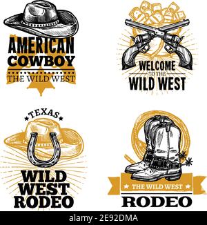 Set di emblemi retrò isolati di colore cowboy nel selvaggio West illustrazione vettoriale di stile Illustrazione Vettoriale