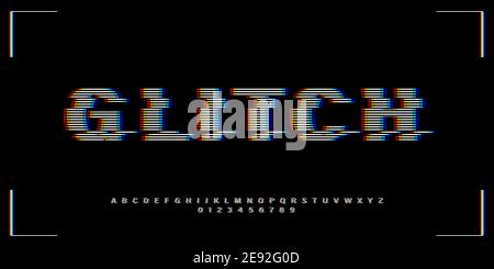 Font glitch VHS in stile retrò. Lettere inglesi, numeri con effetto di distorsione. Ottimo per eventi di musica elettronica promo design, giochi, banner, web, ecc. tipo vettoriale. Illustrazione Vettoriale