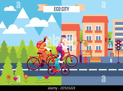 Set di icone decorative con la famiglia che viaggia in bicicletta da il sobborgo per l'eco città vettore illustrazione Illustrazione Vettoriale