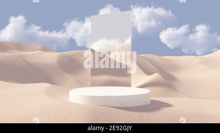 Piedistallo in pietra 3D Premium con specchio dietro. Dune di sabbia sfondo. Sfondo cosmetico astratto minimo per la presentazione del prodotto. Mockup in vetrina vuoto con tavola rotonda vuota. Rendering 3D. Foto Stock