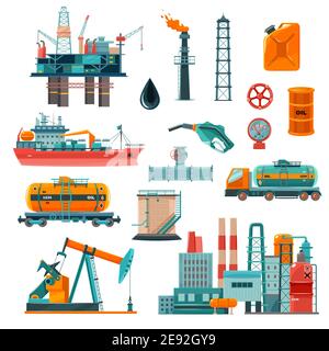 Set di industria petrolifera produzione trasporto estrazione cartoni animati vettore icone illustrazione Illustrazione Vettoriale