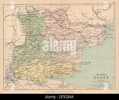 ESSEX. Antica mappa della contea. Ferrovie. Circoscrizioni. FILIPPO 1885 anni Foto Stock