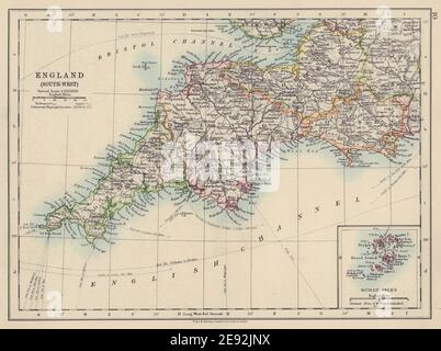 SUD-OVEST INGHILTERRA Devon Cornwall Dorset Somerset. Telegrafi. JOHNSTON 1910 mappa Foto Stock