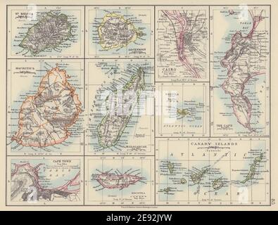 Isole AFRICANE Mauritius Madagascar Madeira Canarie St Helena Socotra 1910 mappa Foto Stock