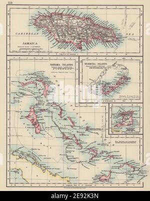 CARAIBI/ISOLE ATLANTICHE. Giamaica Bermuda Bahamas Trinidad. JOHNSTON 1910 mappa Foto Stock