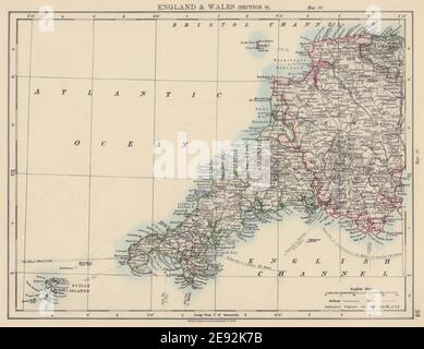 INGHILTERRA SUD-OCCIDENTALE. Devon Cornwall Scilly Isles. JOHNSTON 1901 vecchia mappa antica Foto Stock