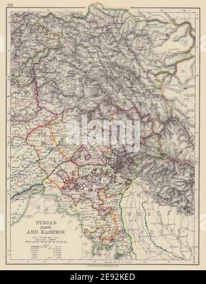 BRITISH INDIA NW. East Punjab Jammu & Kashmir. Delhi. Ferrovie 1901 vecchia mappa Foto Stock
