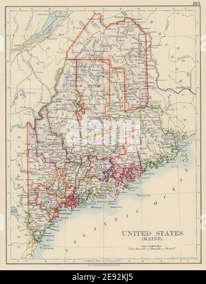 MAINE. Mappa dello stato che mostra le contee e le ferrovie. JOHNSTON 1901 antico Foto Stock