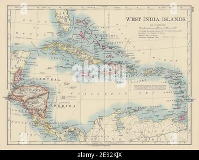 ISOLE DELL'INDIA OCCIDENTALE. Caraibi Lucas Bahamas Caribee Cuba. JOHNSTON 1901 mappa Foto Stock