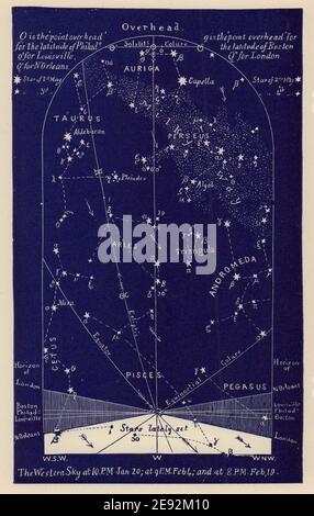 Western notte cielo stella mappa febbraio. Acquario. Dal 20 gennaio al 19 febbraio. PROCTOR 1882 Foto Stock