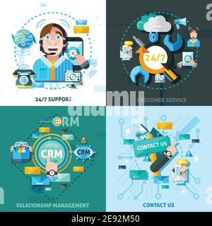 Icone del concetto di assistenza clienti impostate con i simboli di gestione delle relazioni piatte illustrazione vettoriale isolata Illustrazione Vettoriale