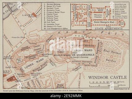 Castello di Windsor. Berkshire 1920 vecchia mappa vintage mappa mappa mappa Foto Stock