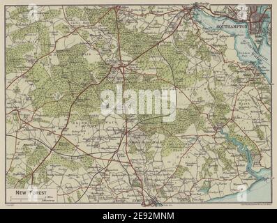 Nuova foresta. Lyndhurst Southampton Lymington Beaulieu. Hampshire 1920 vecchia mappa Foto Stock