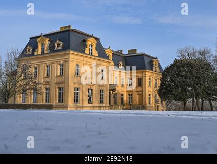 Altranft, Germania. 01 Feb 2021. La neve si trova nel parco presso la casa padronale barocca di Altranft vicino a Bad Freienwalde. L'edificio ospita il 'Museo Altranft - laboratorio di Cultura Rurale'. Credit: Patrick Pleul/dpa-Zentralbild/ZB/dpa/Alamy Live News Foto Stock