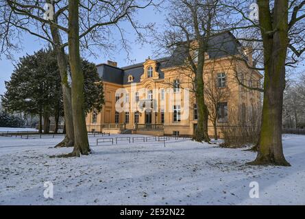 Altranft, Germania. 01 Feb 2021. La neve si trova nel parco presso la casa padronale barocca di Altranft vicino a Bad Freienwalde. L'edificio ospita il 'Museo Altranft - laboratorio di Cultura Rurale'. Credit: Patrick Pleul/dpa-Zentralbild/ZB/dpa/Alamy Live News Foto Stock