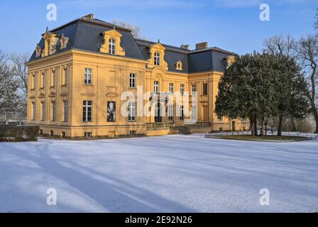 Altranft, Germania. 01 Feb 2021. La neve si trova nel parco presso la casa padronale barocca di Altranft vicino a Bad Freienwalde. L'edificio ospita il 'Museo Altranft - laboratorio di Cultura Rurale'. Credit: Patrick Pleul/dpa-Zentralbild/ZB/dpa/Alamy Live News Foto Stock