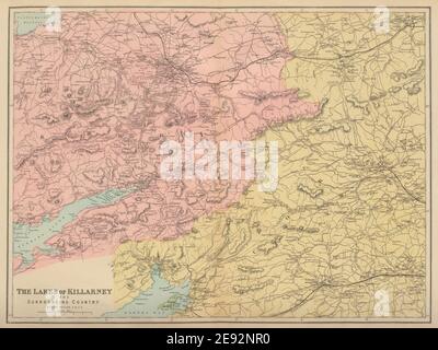 KILLARNEY LAKES Kerry Bantry Kenmare Ireland antica mappa di GW PANCETTA 1883 Foto Stock