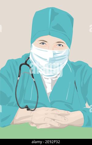 Donna medico ritratto medico. Carattere femminile in uniforme medica e maschera facciale. Epidemia di coronavirus. Illustrazione di Concept Vector. Lavorare in un poro Illustrazione Vettoriale