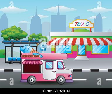 Illustrazione vettoriale del carrello per gelati davanti al negozio di giocattoli vicino a una strada Illustrazione Vettoriale