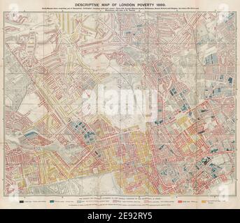 Mappa descrittiva della povertà londinese. CABINA. West End Marylebone Mayfair 1889 Foto Stock