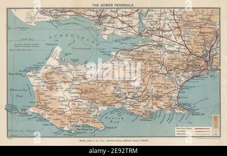 LA PENISOLA DI GOWER. Llanelli Swansea Mumbles. Galles. BLOCCO DI REPARTO 1938 vecchia mappa Foto Stock