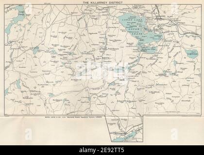 LAGHI E distretto DI KILLARNEY. Fiume Macgillycuddy. Irlanda. Mappa DEL BLOCCO DI REPARTO 1936 Foto Stock