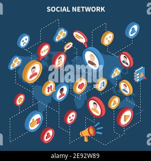 Set isometrico social network con icone colorate collegate a puntini linee sull'illustrazione vettoriale dello sfondo della mappa Illustrazione Vettoriale
