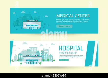 Banner Medical Center edificio sullo sfondo della città in stile piatto. White Hospital sullo sfondo della città. Illustrazione vettoriale su bianco e bl Illustrazione Vettoriale