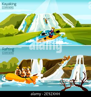 Due colorate composizioni di sport acquatici attivi con persone impegnate rafting canoa kayak flat vettore illustrazione Illustrazione Vettoriale