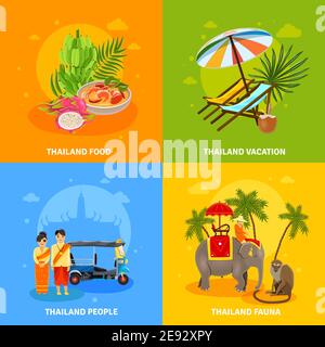 Thailandia concept icone piatte con cibo ricreazione persone e fauna dell'illustrazione del vettore del paese Illustrazione Vettoriale