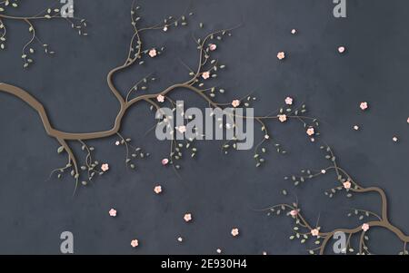illustrazione 3d, rami marroni ricurvi con fiori rosa e foglie verdi su sfondo scuro Foto Stock
