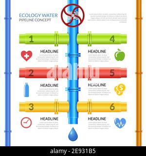 Modello di progettazione infografica sul tema oleodotto ecologico con tubi illustrazione vettoriale di informazioni tecnologiche e sulla valvola Illustrazione Vettoriale